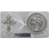 Plaque auto rectangle alu striée H. 3 x 5,5 cm avec croix et médaille de saint Christophe..