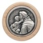 Plaque auto avec contour en bois, diametre 2,2 cm, et centre en metal. Disponible avec plusieurs saints au choix.