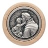 Plaque auto avec contour en bois, diametre 2,2 cm, et centre en metal. Disponible avec plusieurs saints au choix.