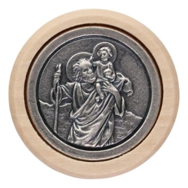 Plaque auto avec contour en bois, diametre 2,2 cm, et centre en metal. Disponible avec plusieurs saints au choix.