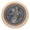 Plaque auto avec contour en bois, diametre 2,2 cm, et centre en metal. Disponible avec plusieurs saints au choix.
