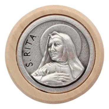 Plaque auto avec contour en bois, diametre 2,2 cm, et centre en metal. Disponible avec plusieurs saints au choix.