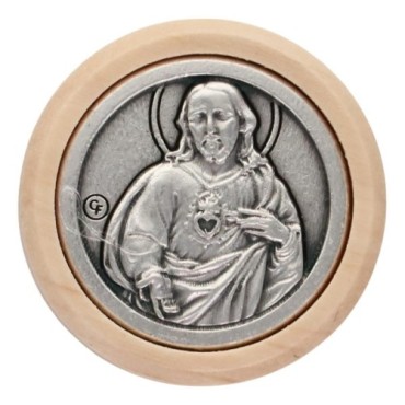Plaque auto avec contour en bois, diametre 2,2 cm, et centre en metal. Disponible avec plusieurs saints au choix.