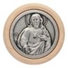 Plaque auto avec contour en bois, diametre 2,2 cm, et centre en metal. Disponible avec plusieurs saints au choix.