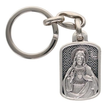 Porte-clés rectangulaire en métal argenté, style vitrail – Hauteur 3 cm, différents saints disponibles.
