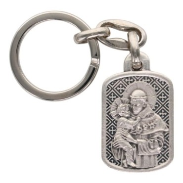 Porte-clés rectangulaire en métal argenté, style vitrail – Hauteur 3 cm, différents saints disponibles.