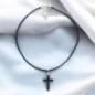 Pendentif croix en hématite sur cordon noir réglable avec fermoir H- 3-5 cm-