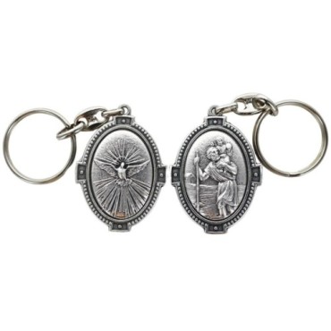 Porte-clés H. 4.5 cm en métal couleur argentée forme ovale double face, plusieurs saints..