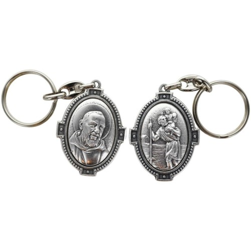 Porte-clés ovale en métal argenté, H. 4,5 cm, style croix, double face.