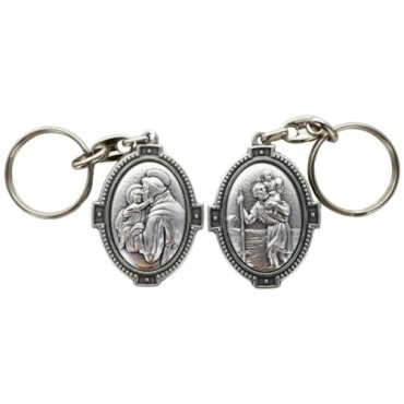 Porte-clés H. 4.5 cm en métal couleur argentée forme ovale double face, plusieurs saints..