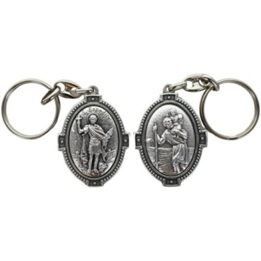 Porte-clés H. 4.5 cm en métal couleur argentée forme ovale double face, plusieurs saints..