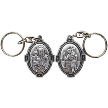 Porte-clés H. 4.5 cm en métal couleur argentée forme ovale double face, plusieurs saints..