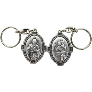 Porte-clés H. 4.5 cm en métal couleur argentée forme ovale double face, plusieurs saints..