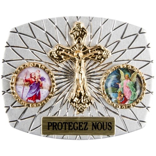 Plaque auto rectangle H. 3,5 x 4 cm arrondie en alu striée avec croix plus 2 résines, plusieurs saints.