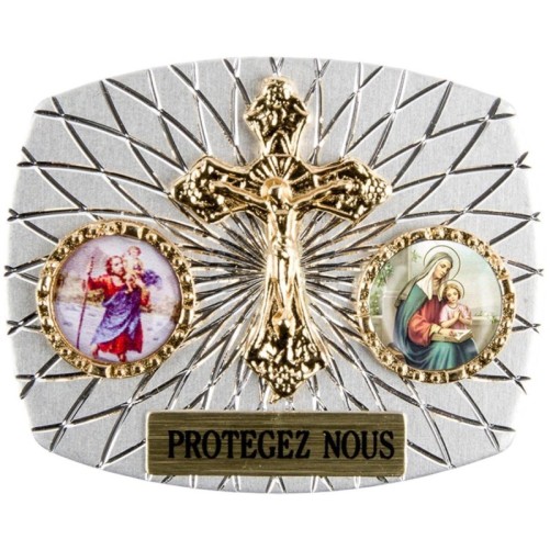 Plaque auto rectangle H. 3,5 x 4 cm arrondie en alu striée avec croix plus 2 résines, plusieurs saints.