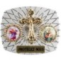 Plaque auto rectangle H. 3,5 x 4 cm arrondie en alu striée avec croix plus 2 résines, plusieurs saints.