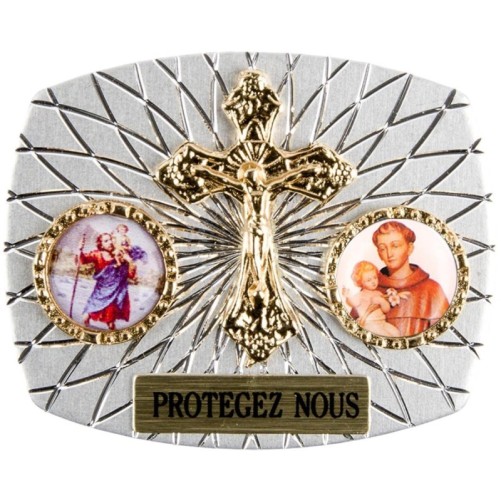 Plaque auto rectangle H. 3,5 x 4 cm arrondie en alu striée avec croix plus 2 résines, plusieurs saints.