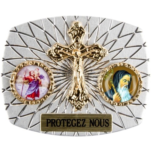 Plaque auto rectangle H. 3,5 x 4 cm arrondie en alu striée avec croix plus 2 résines, plusieurs saints.