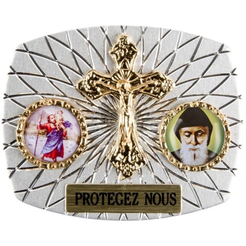 Plaque auto rectangle H. 3,5 x 4 cm arrondie en alu striée avec croix plus 2 résines, plusieurs saints.
