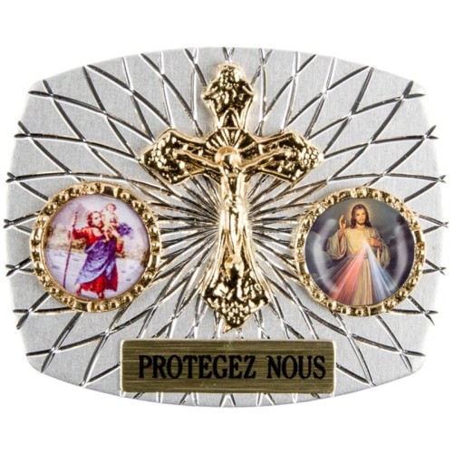 Plaque auto rectangle H. 3,5 x 4 cm arrondie en alu striée avec croix plus 2 résines, plusieurs saints.