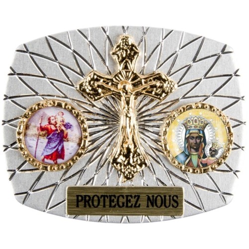 Plaque auto rectangle H. 3,5 x 4 cm arrondie en alu striée avec croix plus 2 résines, plusieurs saints.