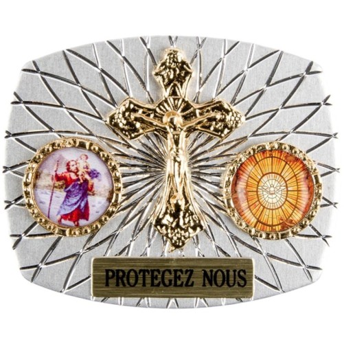 Plaque auto rectangle H. 3,5 x 4 cm arrondie en alu striée avec croix plus 2 résines, plusieurs saints.