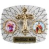 Plaque auto rectangle H. 3,5 x 4 cm arrondie en alu striée avec croix plus 2 résines, plusieurs saints.