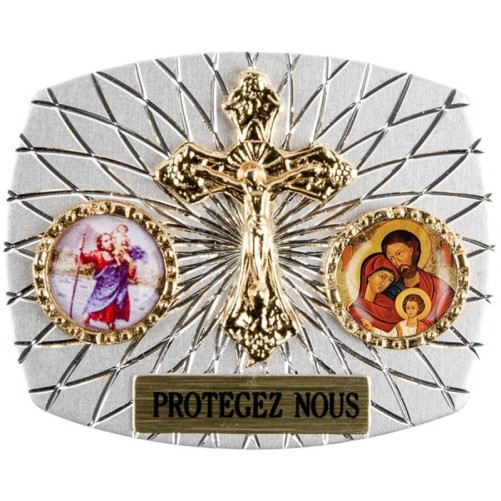 Plaque auto rectangle H. 3,5 x 4 cm arrondie en alu striée avec croix plus 2 résines, plusieurs saints.