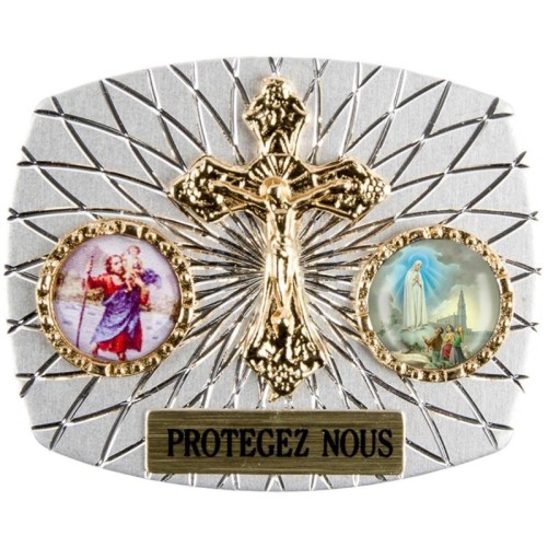 Plaque auto rectangle H. 3,5 x 4 cm arrondie en alu striée avec croix plus 2 résines, plusieurs saints.