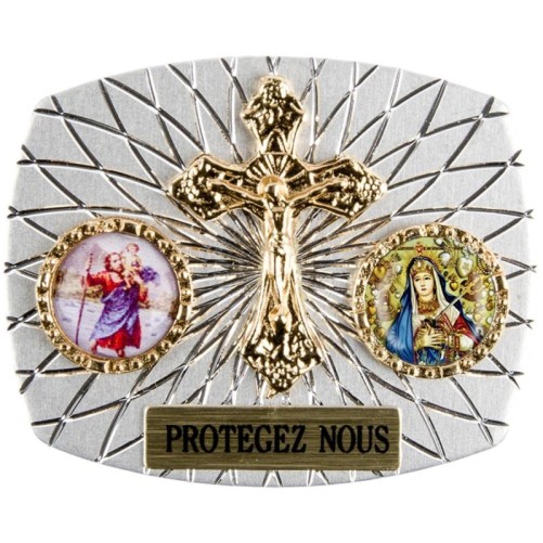 Plaque auto rectangle H. 3,5 x 4 cm arrondie en alu striée avec croix plus 2 résines, plusieurs saints.
