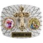 Plaque auto rectangle H. 3,5 x 4 cm arrondie en alu striée avec croix plus 2 résines, plusieurs saints.
