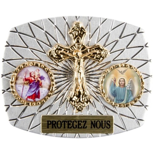 Plaque auto rectangle H. 3,5 x 4 cm arrondie en alu striée avec croix plus 2 résines, plusieurs saints.