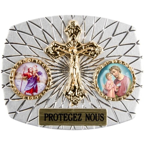Plaque auto rectangle H. 3,5 x 4 cm arrondie en alu striée avec croix plus 2 résines, plusieurs saints.