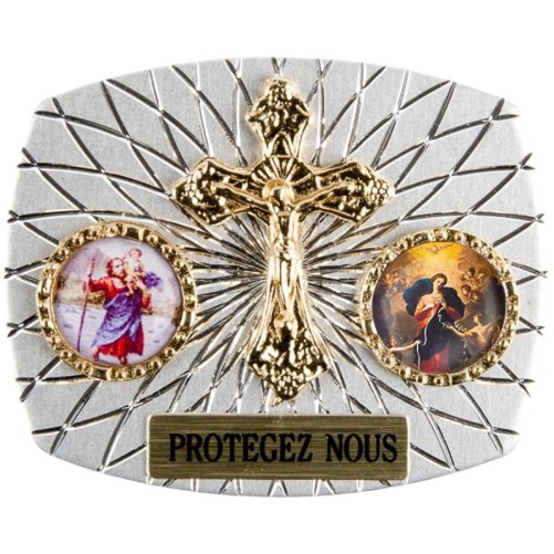 Plaque auto rectangle H. 3,5 x 4 cm arrondie en alu striée avec croix plus 2 résines, plusieurs saints.