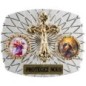 Plaque auto rectangle H. 3,5 x 4 cm arrondie en alu striée avec croix plus 2 résines, plusieurs saints.