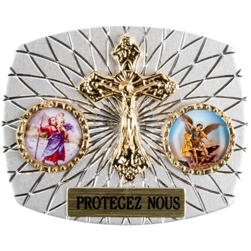 Plaque auto rectangle H. 3,5 x 4 cm arrondie en alu striée avec croix plus 2 résines, plusieurs saints.