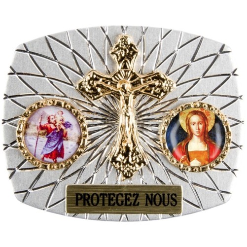 Plaque auto rectangle H. 3,5 x 4 cm arrondie en alu striée avec croix plus 2 résines, plusieurs saints.
