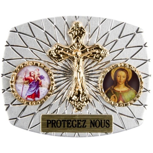 Plaque auto rectangle H. 3,5 x 4 cm arrondie en alu striée avec croix plus 2 résines, plusieurs saints.