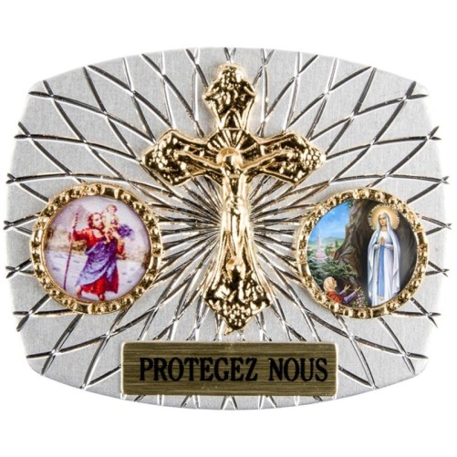 Plaque auto rectangle H. 3,5 x 4 cm arrondie en alu striée avec croix plus 2 résines, plusieurs saints.
