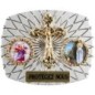Plaque auto rectangle H. 3,5 x 4 cm arrondie en alu striée avec croix plus 2 résines, plusieurs saints.