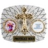 Plaque auto rectangle H. 3,5 x 4 cm arrondie en alu striée avec croix plus 2 résines, plusieurs saints.
