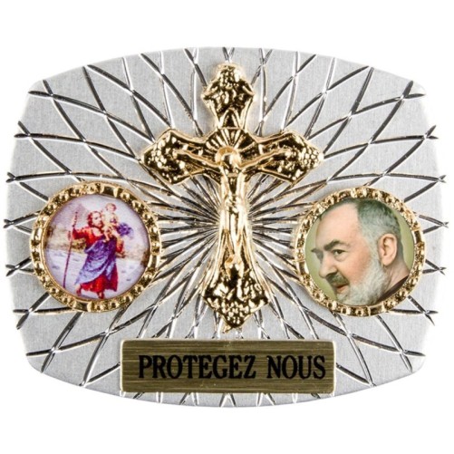 Plaque auto rectangle H. 3,5 x 4 cm arrondie en alu striée avec croix plus 2 résines, plusieurs saints.