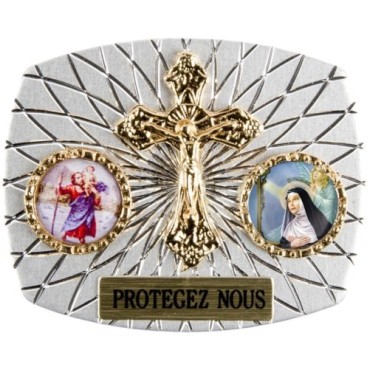 Plaque auto rectangle H. 3,5 x 4 cm arrondie en alu striée avec croix plus 2 résines, plusieurs saints.