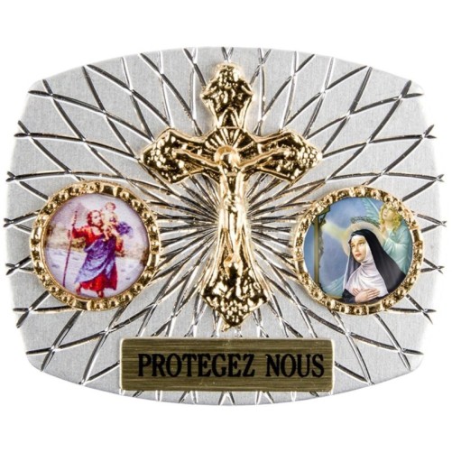 Plaque auto rectangle H. 3,5 x 4 cm arrondie en alu striée avec croix plus 2 résines, plusieurs saints.