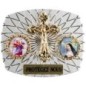 Plaque auto rectangle H. 3,5 x 4 cm arrondie en alu striée avec croix plus 2 résines, plusieurs saints.