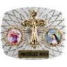 Plaque auto rectangle H. 3,5 x 4 cm arrondie en alu striée avec croix plus 2 résines, plusieurs saints.