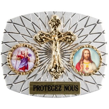 Plaque auto rectangle H. 3,5 x 4 cm arrondie en alu striée avec croix plus 2 résines, plusieurs saints.