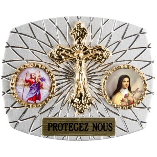 Plaque auto rectangle H. 3,5 x 4 cm arrondie en alu striée avec croix plus 2 résines, plusieurs saints.