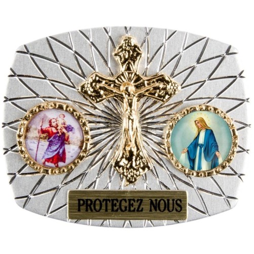 Plaque auto rectangle H. 3,5 x 4 cm arrondie en alu striée avec croix plus 2 résines, plusieurs saints.