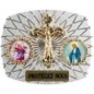 Plaque auto rectangle H. 3,5 x 4 cm arrondie en alu striée avec croix plus 2 résines, plusieurs saints.